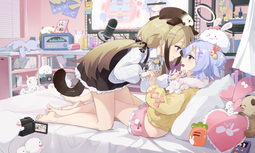 2girls, absurdres, assertive_female, barefoot, bed, bedroom, black_dress, byouinzaka_rei, dress, feet, ghost, gradient_hair, hand_on_another's_face, highres, holding_hands, imminent_kiss, interlocked_fingers, kan_shan_ting_yu, leg_between_thighs, light_brown_hair, long_hair, long_sleeves, lowleg, lowleg_skirt, microphone, multicolored_hair, multiple_girls, nijisanji, on_bed, petite, pillow, project-sp, purple_hair, radio, recording, ring_light, scarf, shiori_(virtuareal), sidelocks, skirt, stuffed_animal, stuffed_dog, stuffed_panda, stuffed_toy, virtual_youtuber, virtuareal, yuri