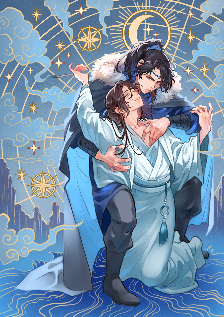 2boys, backlighting, between_legs, black_footwear, black_hair, blue_headband, boots, braid, brown_eyes, brown_hair, calligraphy_brush, cape, chinese_clothes, cloud, crescent, earrings, full_body, fur-trimmed_cape, fur_trim, hand_under_clothes, hanfu, headband, high_ponytail, highres, holding, holding_calligraphy_brush, holding_paintbrush, jewelry, kneeling, long_hair, long_sleeves, looking_at_another, miyuli, multiple_boys, paintbrush, parted_lips, ponytail, qiang_jin_jiu, ribbon, ring, shen_zechuan, single_earring, smile, standing, star_(symbol), tassel, thumb_ring, white_hanfu, white_ribbon, wide_sleeves, xiao_chiye, yaoi