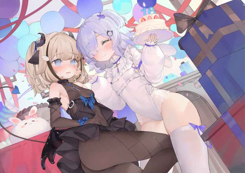 2girls, @_@, absurdres, angel_wings, balloon, blonde_hair, blue_eyes, blush, breasts, byouinzaka_rei, cake, demon_girl, demon_horns, demon_wings, fang, feeding, food, gift, highres, horns, kan_shan_ting_yu, leg_between_thighs, multiple_girls, nervous, nijisanji, pantyhose, party, petite, project-sp, purple_hair, shiori_(virtuareal), skin_fang, small_breasts, smile, virtual_youtuber, virtuareal, wings, yuri