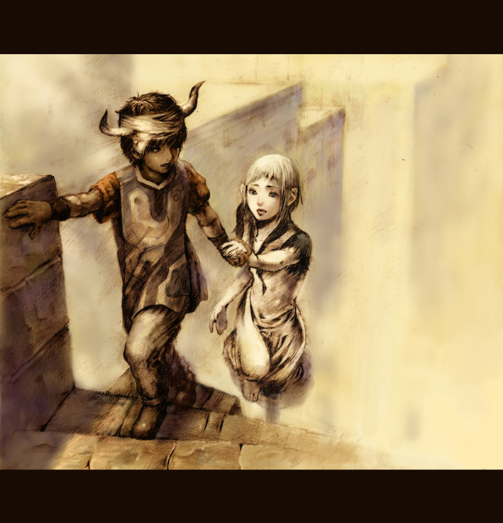 1boy, 1girl, bandages, barefoot, black_hair, dress, holding_hands, hetero, horns, ico, ico_(character), letterboxed, sepia, short_hair, silver_hair, stairs, surcoat, tabard, teru_(blue3737), yorda