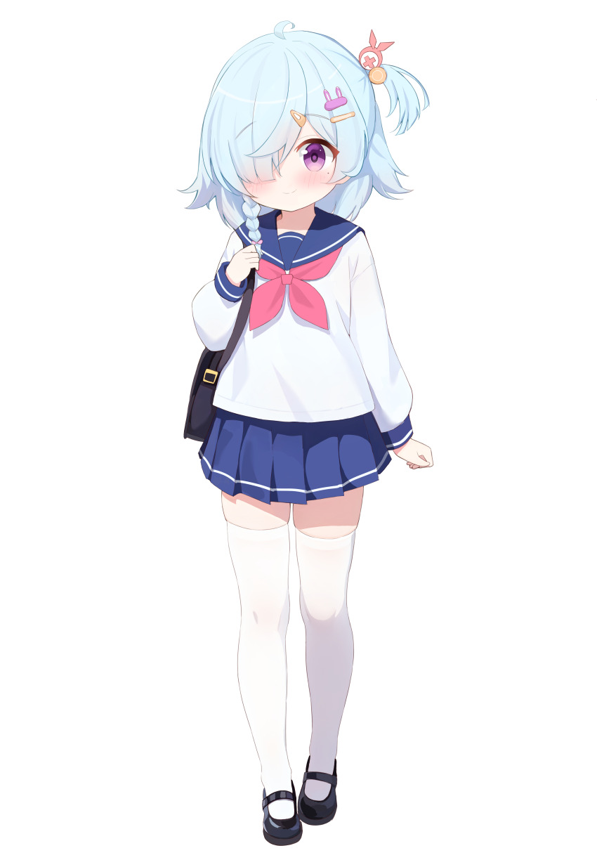 absurdres, bag, blue_hair, braid, byouinzaka_rei, child, full_body, hair_over_one_eye