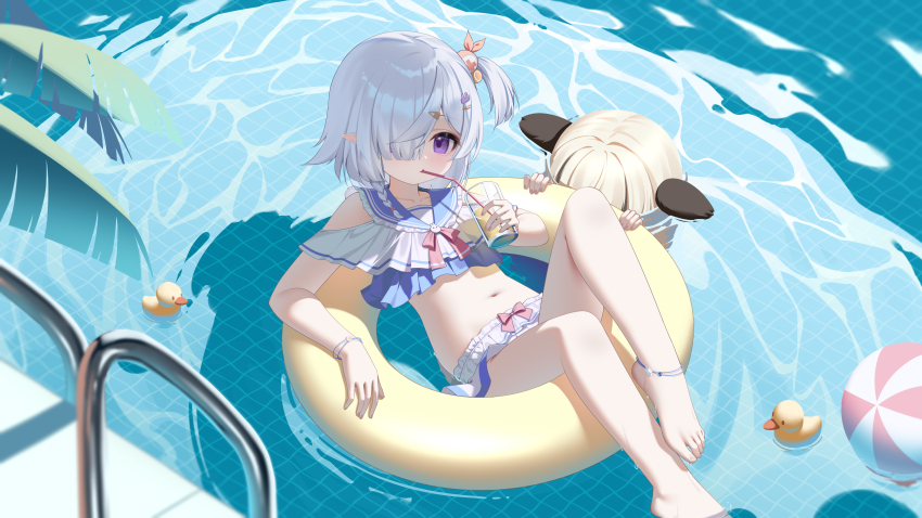 2girls, absurdres, ball, beachball, bikini, blonde_hair, blue_hair, byouinzaka_rei