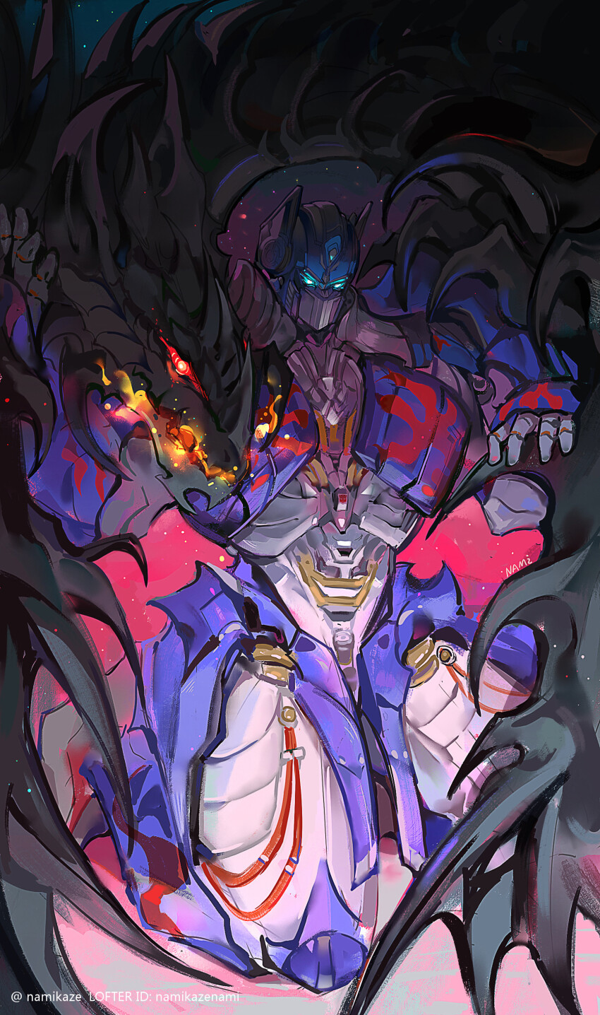 absurdres, artist_name, autobot, blue_eyes, breath_weapon, breathing_fire, decepticon, fire