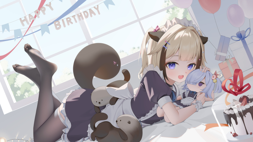 1girl, absurdres, apron, blonde_hair, byouinzaka_rei, cake, character_doll, doll