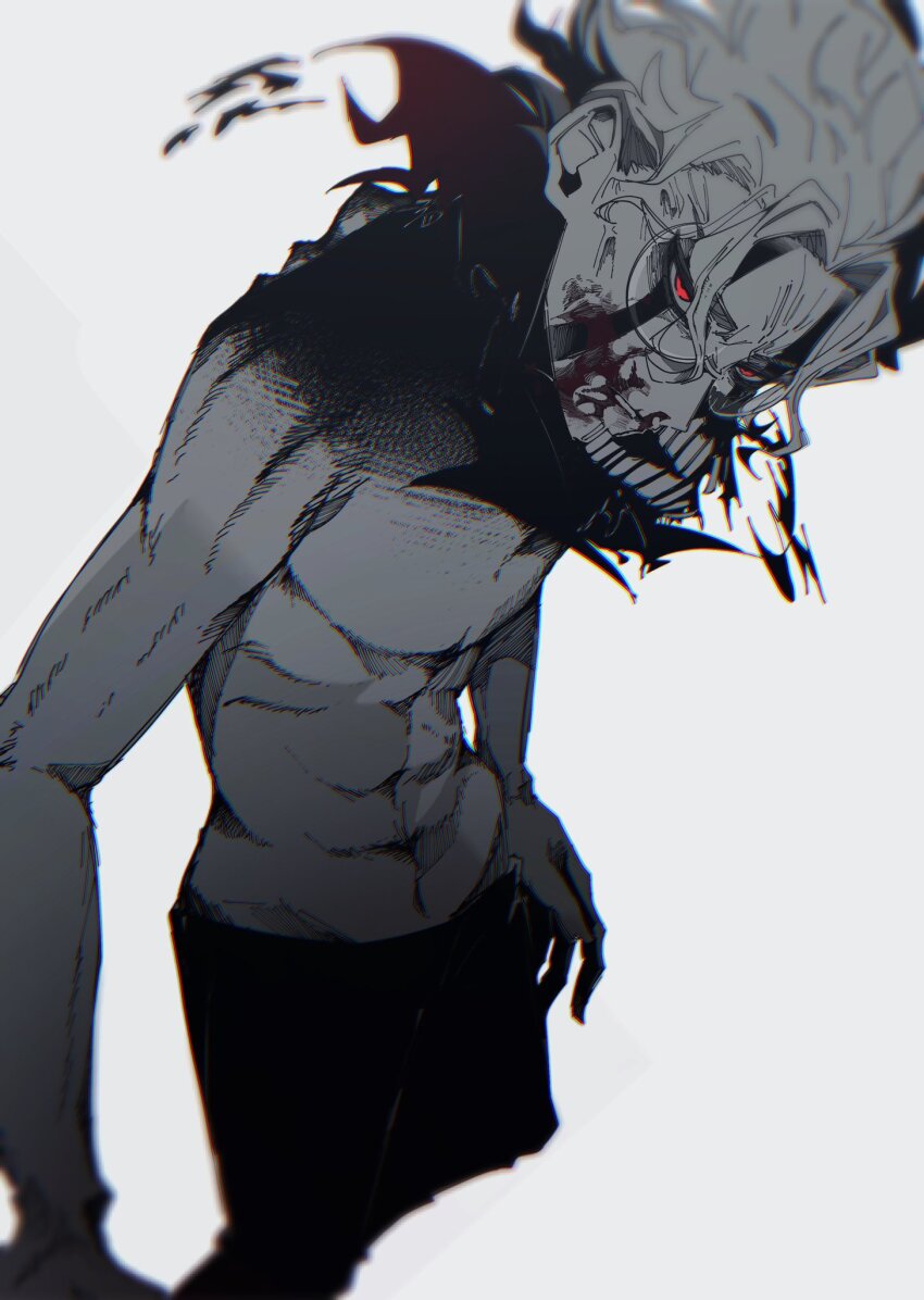 1boy, alternate_form, blood, dandadan, facial_mark, glasses, highres, mask, mouth_mask, ni_(x_no_no_x), red_eyes, takakura_ken_(dandadan), takakura_ken_(transformed)_(dandadan), tall_male, topless_male, transformation, white_hair