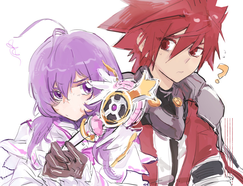 1boy, 1girl, ?, ahoge, aisha_landar, armor, blush, brown_gloves