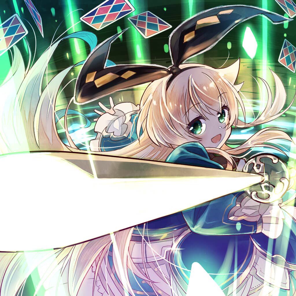 1girl, alice_(grimms_echoes), black_hairband, blonde_hair, blue_dress, card, dress, green_eyes