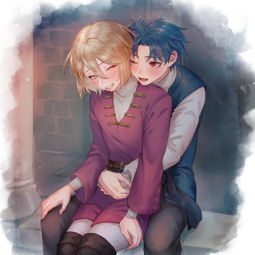 2boys, alain_(unicorn_overlord), androgynous, auch_(unicorn_overlord), belt, between_legs, blonde_hair, blue_eyes