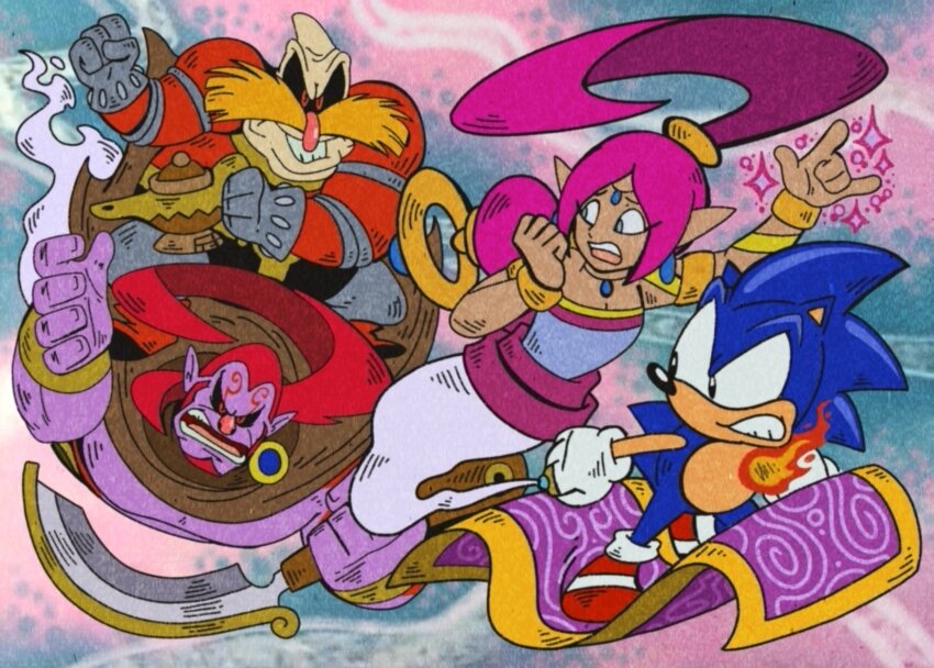 1990s_(style), 1girl, 3boys, :/, adventures_of_sonic_the_hedgehog, age_difference, animal_ears, animal_nose