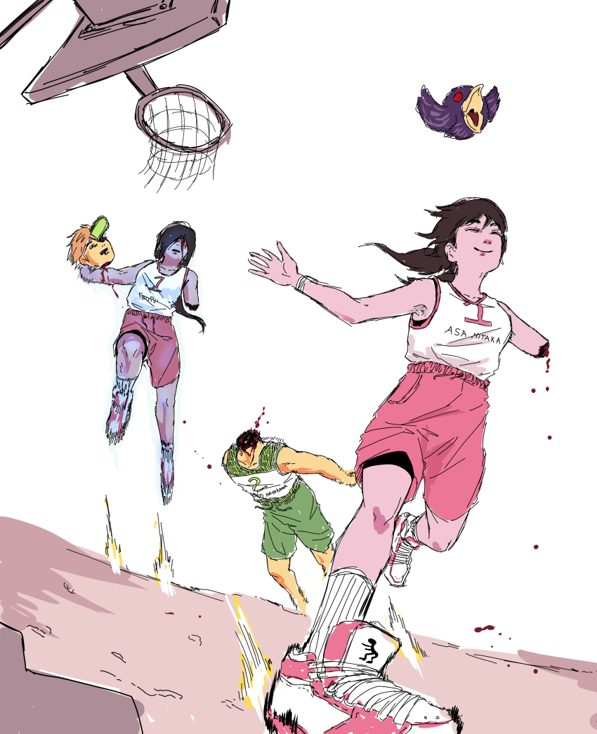 2boys, 2girls, absurdres, amputee, bad_tag, basketball_court, basketball_hoop, basketball_uniform, beak, bird, black_hair, blood, blood_from_neck, brown_hair, chainsaw, chainsaw_man, denji_(chainsaw_man), facial_scar, guro, hayakawa_aki, headless, highres, holding_detached_head, i_got_a_glock_in_my_'rari_(meme), low_twintails, mae_tnn, male, meme, mitaka_asa, multiple_boys, multiple_girls, potoo, red_shorts, scar, scar_on_cheek, scar_on_face, severed_arms, severed_head, severed_limb, shoes, shorts, slam_dunk_(basketball), sneakers, socks, sportswear, twintails, yoru_(chainsaw_man)