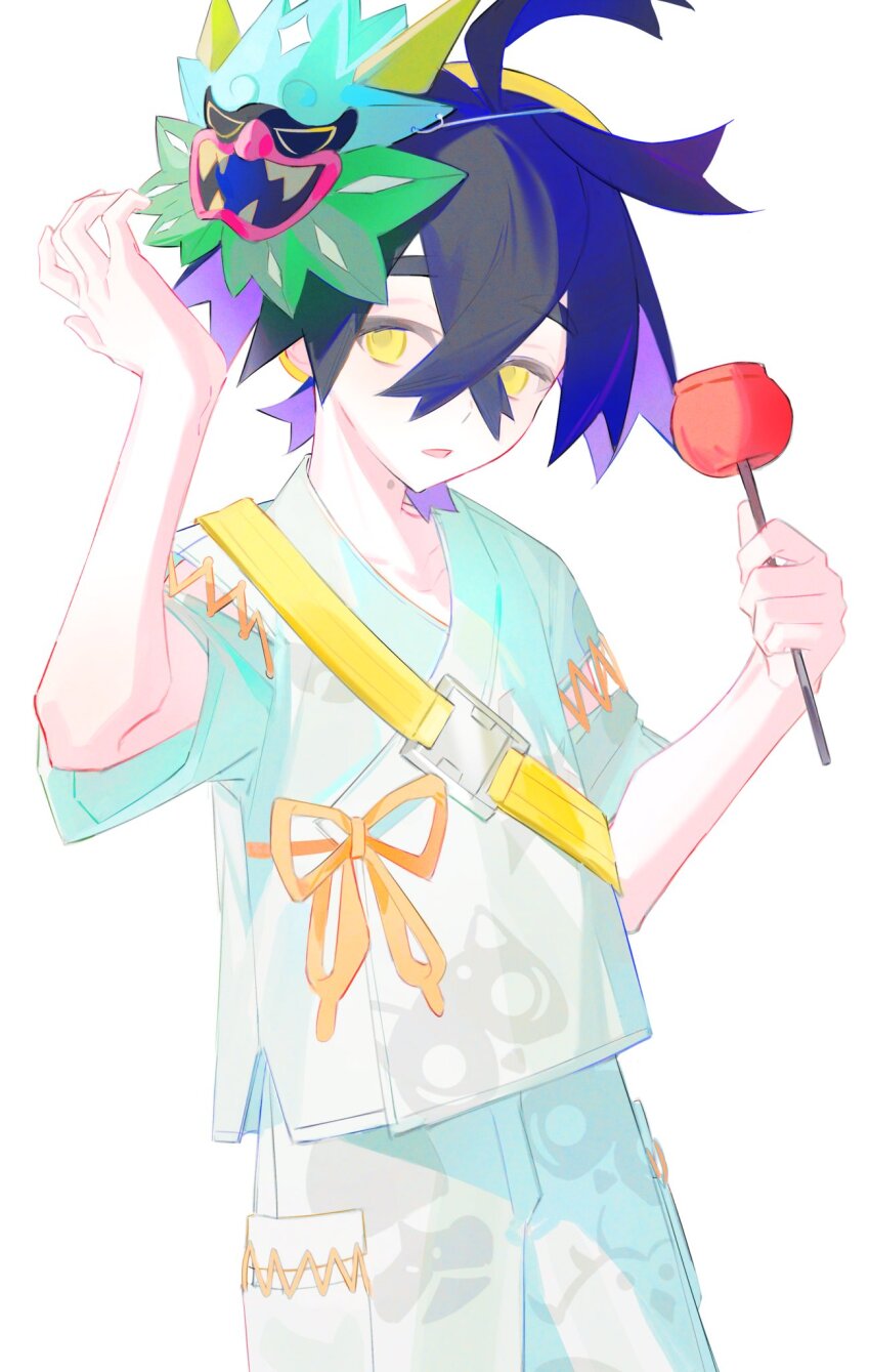 1boy, black_hair, candy_apple, crossed_bangs, food, hairband, hashtag-only_commentary, highres