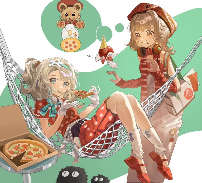 +_+, 2girls, apple, apple_(reverse:1999), aqua_bow, aqua_bowtie, aqua_hairband, arm_warmers