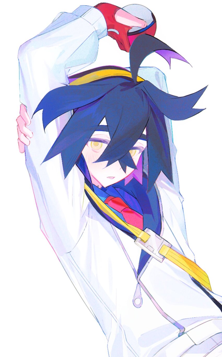 1boy, arms_up, black_hair, blue_shirt, blush, collared_shirt, gloves, hair_between_eyes, hairband, hashtag-only_commentary, highres, holding, holding_poke_ball, jacket, kieran_(pokemon), long_sleeves, looking_at_viewer, male_focus, mole, mole_on_neck, multicolored_hair, nintendo, parted_lips, partially_fingerless_gloves, poke_ball, poke_ball_(basic), pokemon, pokemon_scarlet_and_violet, purple_hair, red_gloves, shirt, simple_background, solo, white_background, white_jacket, yellow_eyes, yellow_hairband, yuiihcoma