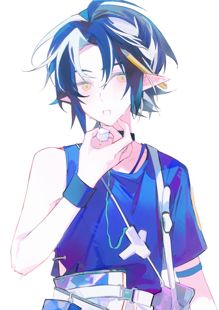 1boy, arknights, asymmetrical_sleeves, black_choker, black_hair, blue_shirt, blush, choker