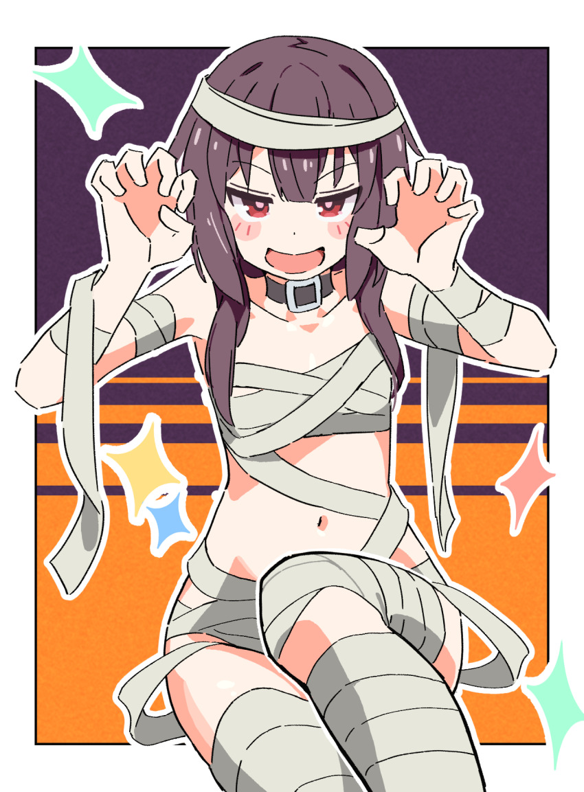 1girl, :d, bandaged_arm, bandaged_hand, bandaged_leg, bandaged_torso, bandages, bare_shoulders