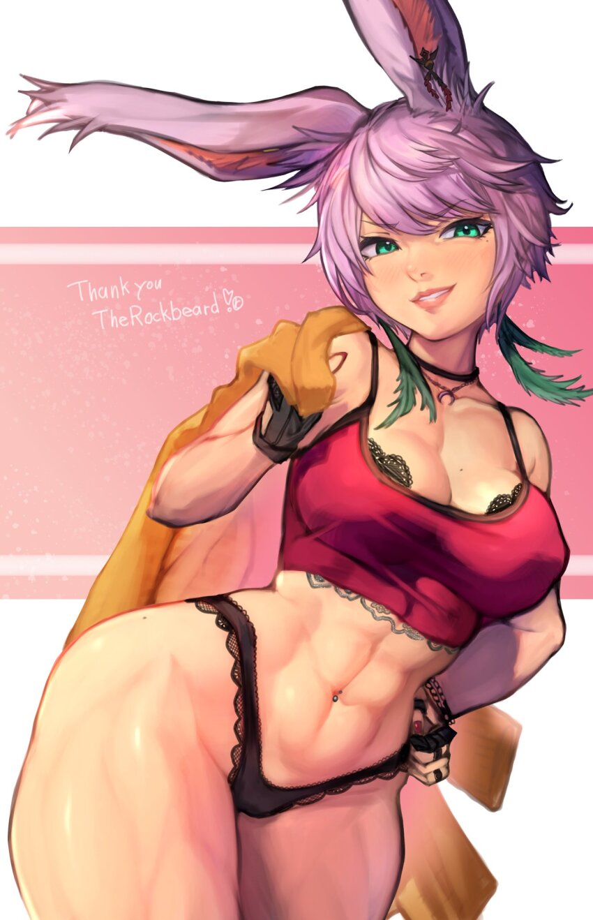 1girl, abs, animal_ears, black_bra, black_panties, bra, breasts, cleavage, cowboy_shot, final_fantasy, final_fantasy_xiv, fingerless_gloves, fingernails, gloves, green_eyes, grin, highres, lace, lace-trimmed_bra, lace-trimmed_panties, lace_trim, large_breasts, lips, panties, pink_hair, r123, rabbit_ears, red_nails, red_tank_top, short_hair, smile, solo, tank_top, toned, toned_female, tsukiyomi, underwear