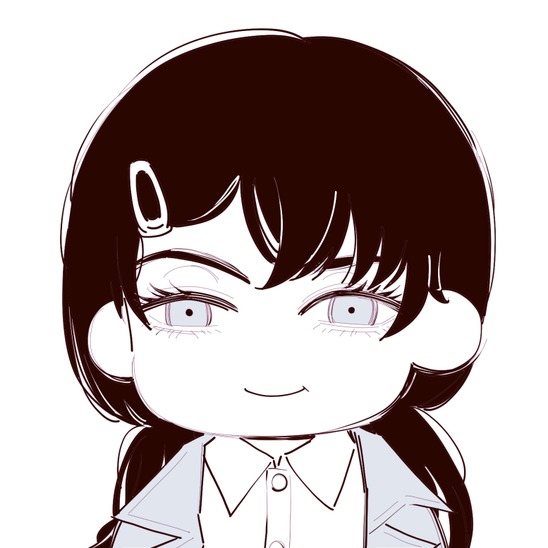 1girl, chainsaw_man, chibi, closed_mouth, collared_shirt, deer60868637, greyscale, hair_ornament, hairclip, jacket, looking_at_viewer, low_twintails, mitaka_asa, monochrome, shirt, simple_background, sketch, smile, solo, twintails, white_background