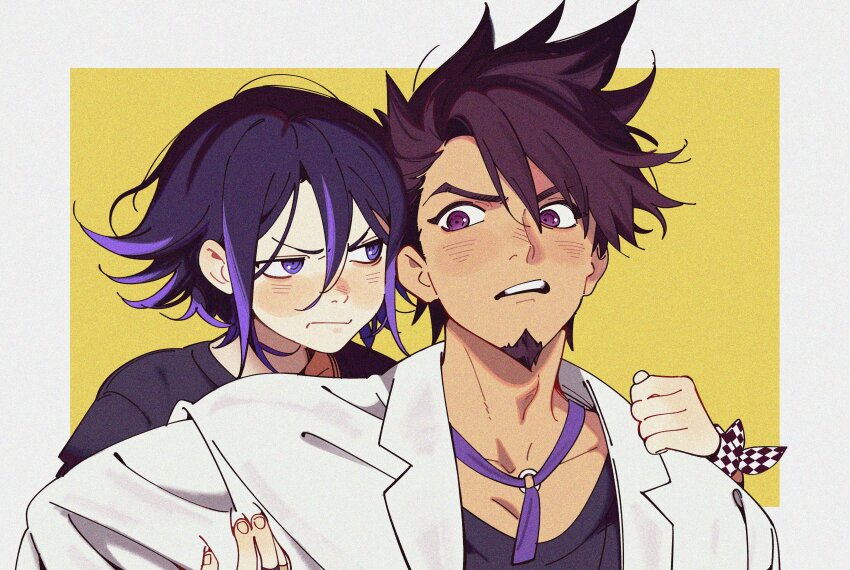 2boys, absurdres, black_shirt, blush, border, collarbone, commentary, danganronpa_(series), danganronpa_v3:_killing_harmony, facial_hair, flipped_hair, goatee, hair_between_eyes, highres, jacket, long_sleeves, looking_at_another, lovepoints, male_focus, momota_kaito, multiple_boys, oma_kokichi, open_clothes, open_jacket, portrait, pout, purple_eyes, purple_facial_hair, purple_hair, shirt, short_hair, simple_background, size_difference, spiked_hair, untranslatable_commentary, teeth, tsundere, white_border, white_jacket, yaoi, yellow_background