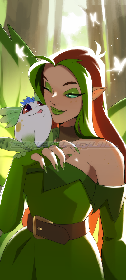 1girl, belt, brown_belt, brown_hair, bug, butterfly, commentary, creature, dress, elbow_gloves, embraquil, english_commentary, eyeshadow, fairy, fairy_wings, fingerless_gloves, forest, freckles, frog, gloves, glowing, green_dress, green_eyes, green_eyeshadow, green_gloves, green_hair, green_lips, green_nails, green_theme, illusen, insect, long_hair, makeup, mortog, nature, neopets, one_eye_closed, outdoors, petpet, pointy_ears, watermark, wings