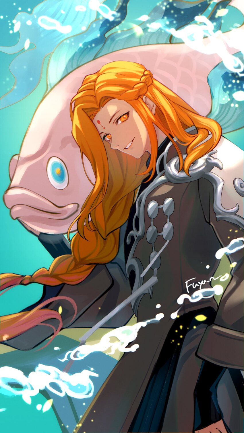 1boy, 1other, androgynous, braid, clothing_request, dislyte, facial_mark, fish, floating_hair, forehead_mark, hashtag-only_commentary, highres, long_hair, looking_at_viewer, low-braided_long_hair, low-tied_long_hair, lu_shang_(jiang_ziya), male_focus, orange_eyes, orange_hair, rakugakifuyu, side_braid, signature, smile, solo_focus, teeth, water