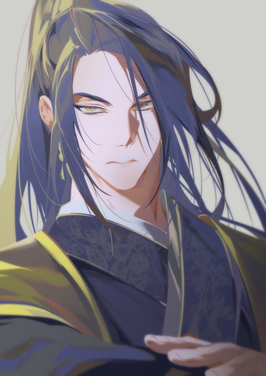 1boy, absurdres, black_hair, blurry, chinese_clothes, crossed_arms, depth_of_field, earrings