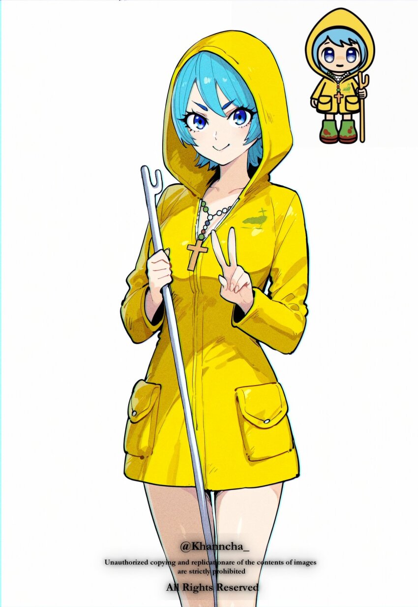 >:), 1girl, bead_necklace, beads, blue_eyes, blue_hair, cane, chibi, chibi_inset, closed_mouth, hair_between_eyes, highres, holding, holding_cane, jewelry, jubilee_2025, knzo, looking_at_viewer, luce_(jubilee_2025), necklace, official_art_inset, raincoat, rosary, short_hair, simple_background, smile, twitter_username, v, v-shaped_eyebrows, white_background, yellow_raincoat