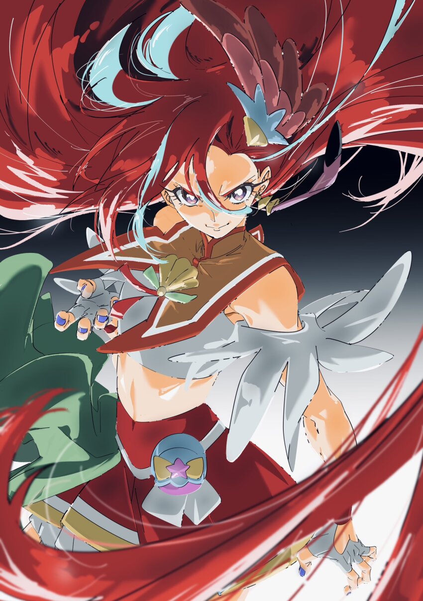 1girl, crop_top, cure_flamingo, earrings, feather_earrings, feathers, gloves, highres