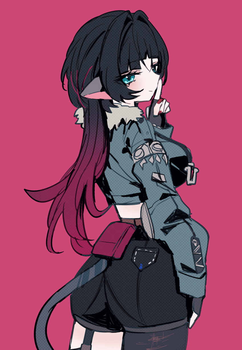 04_fujino9, 1girl, absurdres, animal_ears, black_hair, blunt_bangs, breasts, fingerless_gloves, gloves, green_eyes, highres, jacket, jane_doe_(zenless_zone_zero), large_breasts, long_hair, looking_at_viewer, mouse_ears, mouse_girl, mouse_tail, multicolored_hair, pantyhose, red_hair, solo, tail, thighhighs, torn_clothes, torn_pantyhose, zenless_zone_zero