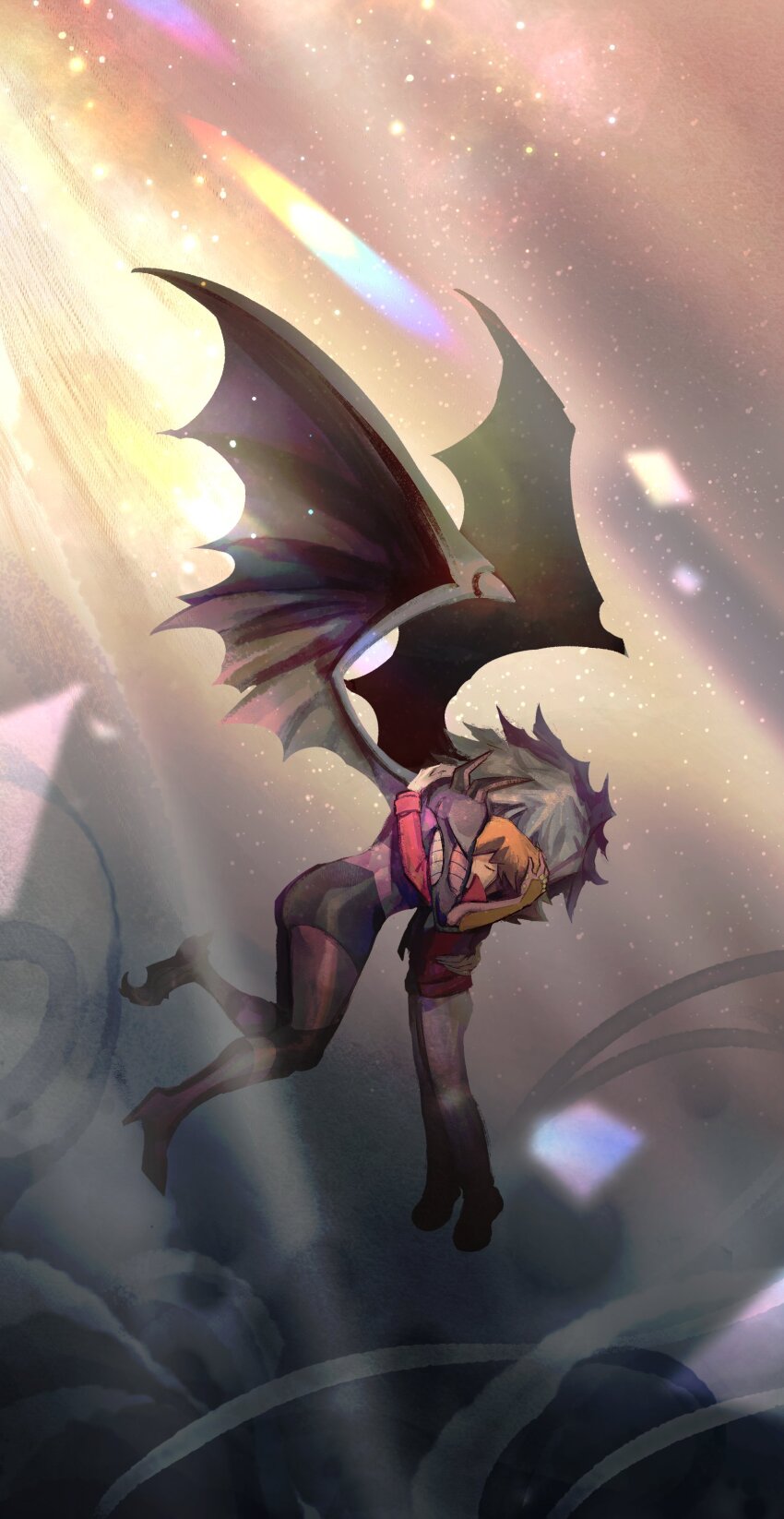 1boy, 1other, absurdres, brown_hair, closed_eyes, demon_wings, duel_academy_uniform_(yu-gi-oh!_gx), duel_monster