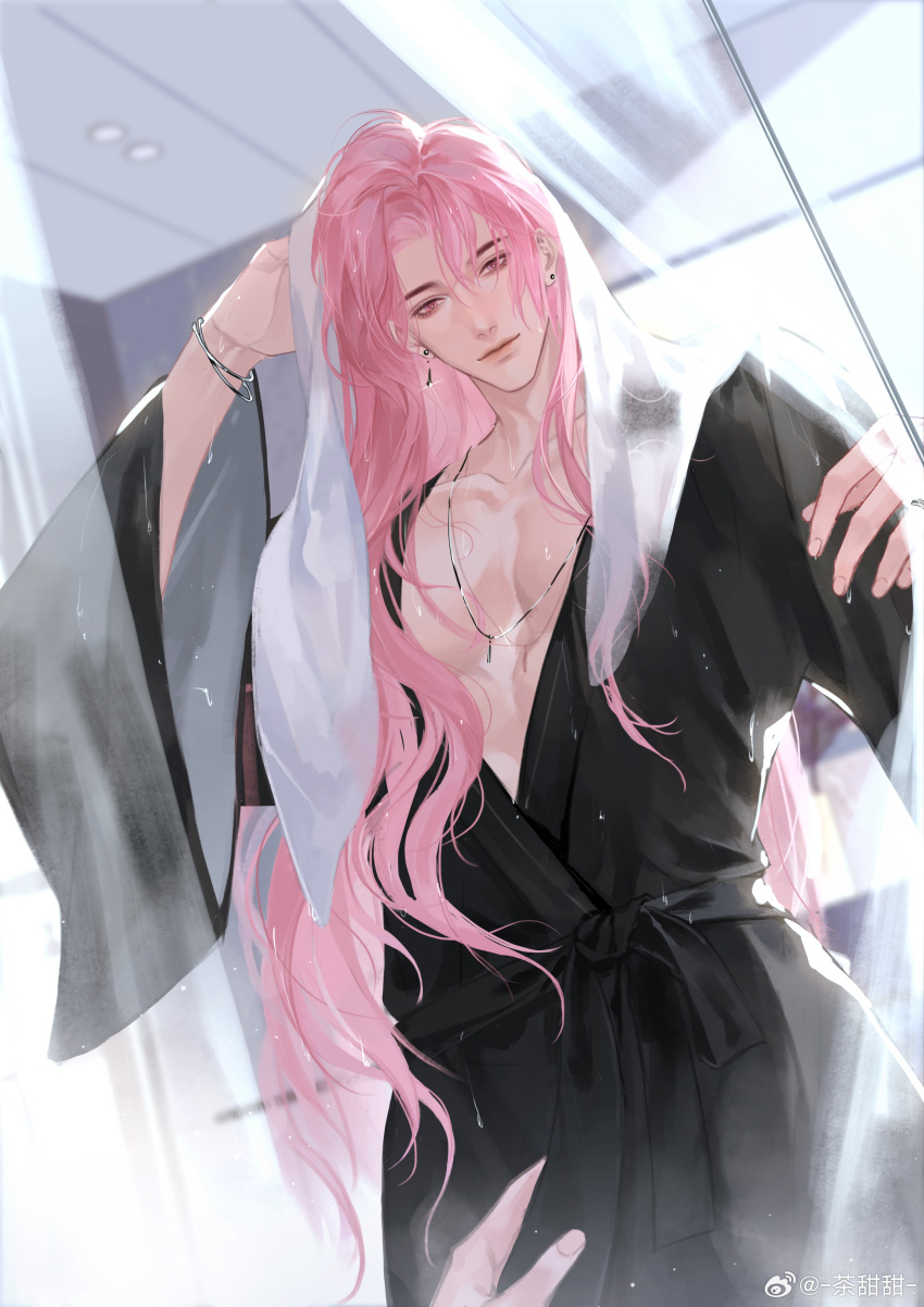 1boy, absurdres, after_bathing, bathrobe, black_robe, bracelet, cha_tian_tian, closed_mouth