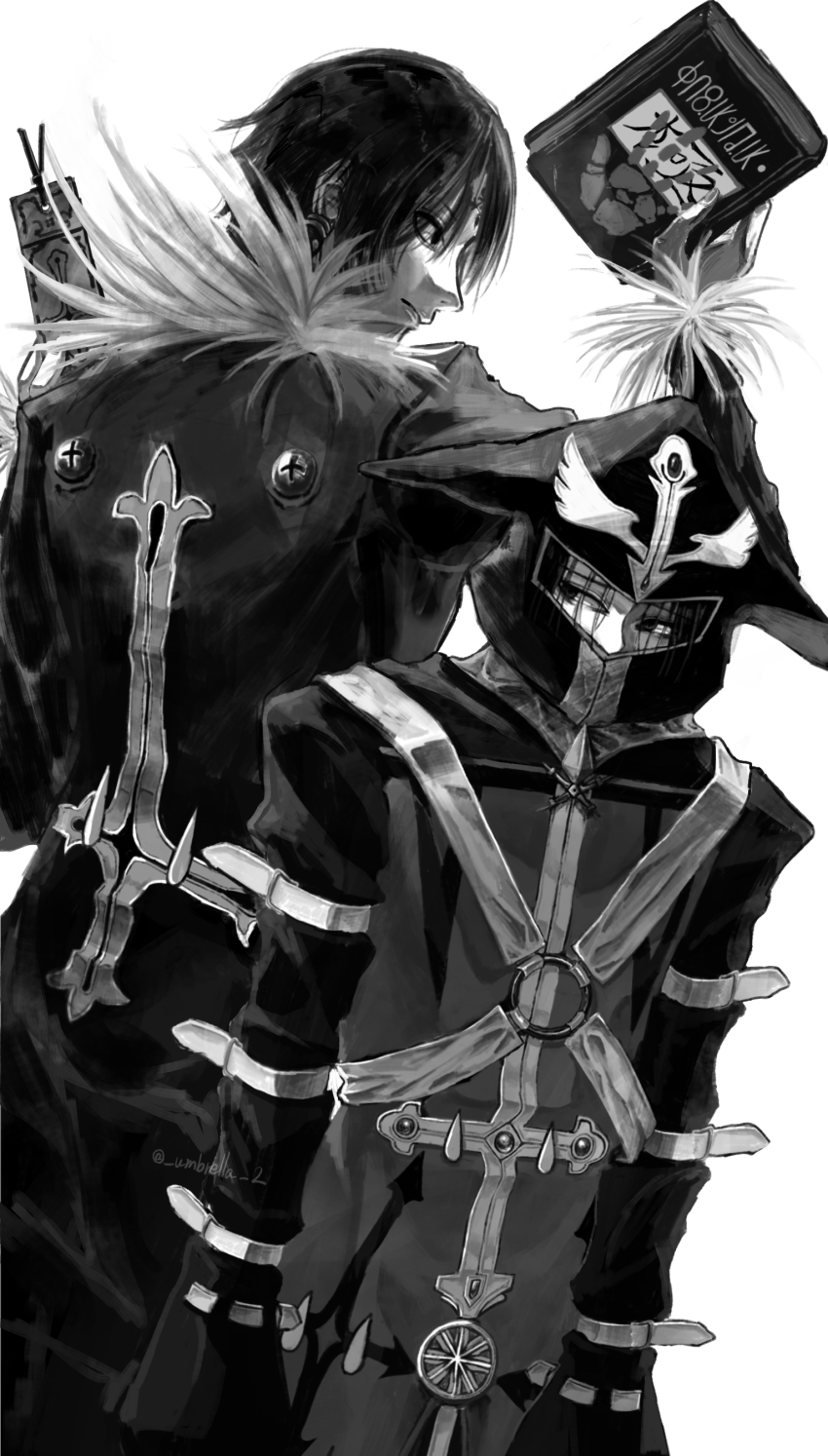 absurdres, black_eyes, black_hair, chrollo_lucilfer, cowboy_shot, cross_tattoo, earrings, facial_mark