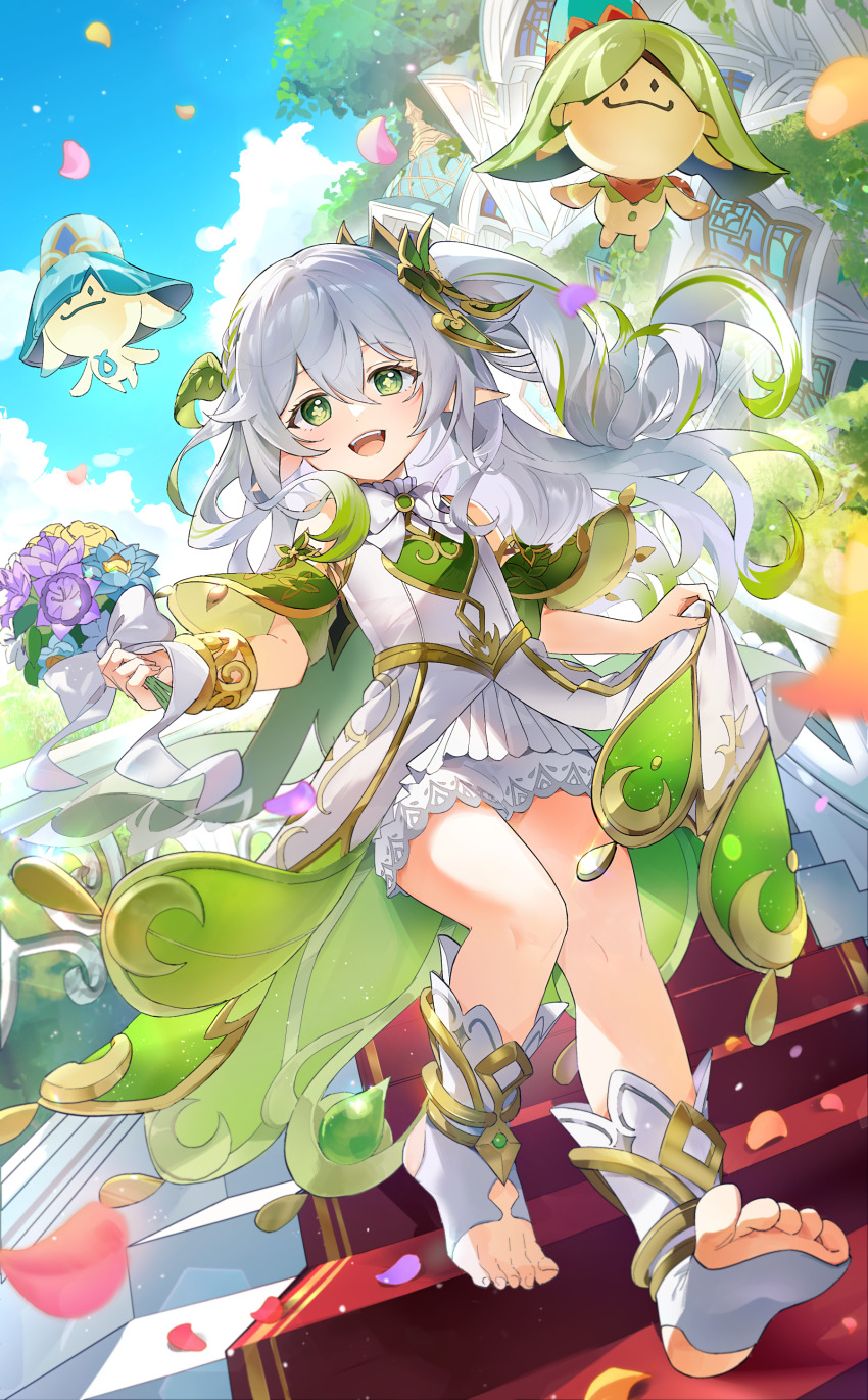 1girl, :d, absurdres, aranara_(genshin_impact), bare_shoulders, bloomers, blue_flower, bouquet, bow, bowtie, bracelet, commentary, day, detached_sleeves, dress, falling_petals, flower, full_body, genshin_impact, gold_trim, gradient_hair, green_eyes, green_hair, green_sleeves, hair_between_eyes, hair_ornament, highres, holding, holding_bouquet, holding_own_dress, iwatnc, jewelry, leaf_hair_ornament, light_blush, looking_at_viewer, multicolored_hair, nahida_(genshin_impact), open_mouth, outdoors, petals, pointy_ears, purple_flower, sleeveless, sleeveless_dress, smile, solo, stairs, stirrup_legwear, sumeru_rose_(genshin_impact), symbol-shaped_pupils, teeth, toeless_legwear, toenails, toes, underwear, upper_teeth_only, white_bloomers, white_bow, white_bowtie, white_dress, white_hair, yellow_flower