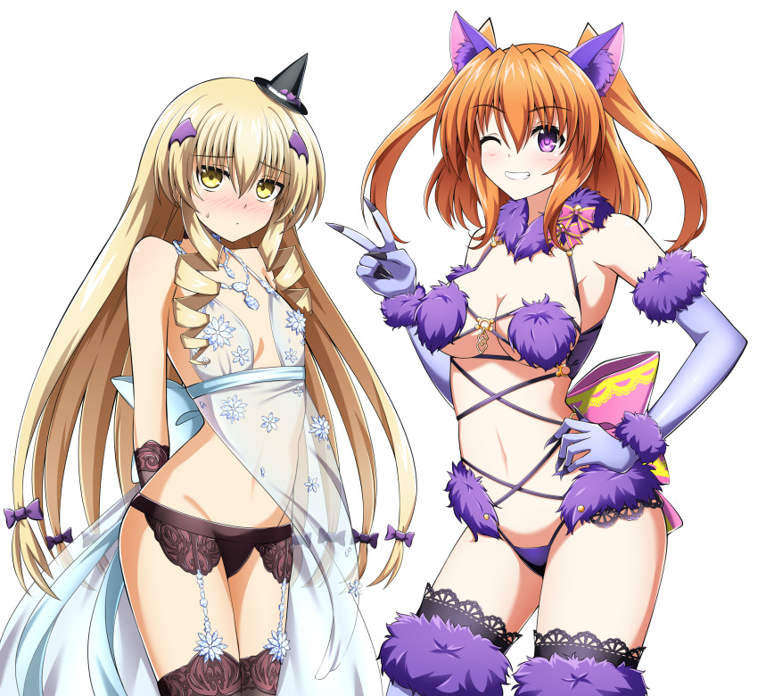 2girls, animal_ears, artoria_pendragon_(fate), artoria_pendragon_(lancer_alter)_(fate), artoria_pendragon_(royal_icing)_(fate), artoria_pendragon_(royal_icing)_(fate)_(cosplay), babydoll, black_garter_belt, black_panties, black_thighhighs, blonde_hair, breasts, chantez_apinion, choker, cosplay, elbow_gloves, embarrassed, fabia_crozelg, fate/grand_order, fate_(series), flat_chest, fur-trimmed_gloves, fur-trimmed_legwear, fur_bikini, fur_collar, fur_trim, garter_belt, gloves, hair_between_eyes, halloween_costume, highres, jewelry, lace, lace-trimmed_legwear, lace_trim, lingerie, long_hair, looking_at_viewer, lyrical_nanoha, mahou_shoujo_lyrical_nanoha_vivid, mash_kyrielight, mash_kyrielight_(dangerous_beast), mash_kyrielight_(dangerous_beast)_(cosplay), medium_breasts, medium_hair, multiple_girls, navel, necklace, o-ring, o-ring_top, one_eye_closed, orange_hair, oshimaru026, panties, purple_eyes, purple_gloves, purple_thighhighs, revealing_clothes, see-through_clothes, smile, snowflake_print, thighhighs, twintails, underwear, v, very_long_hair, wolf_ears, yellow_eyes