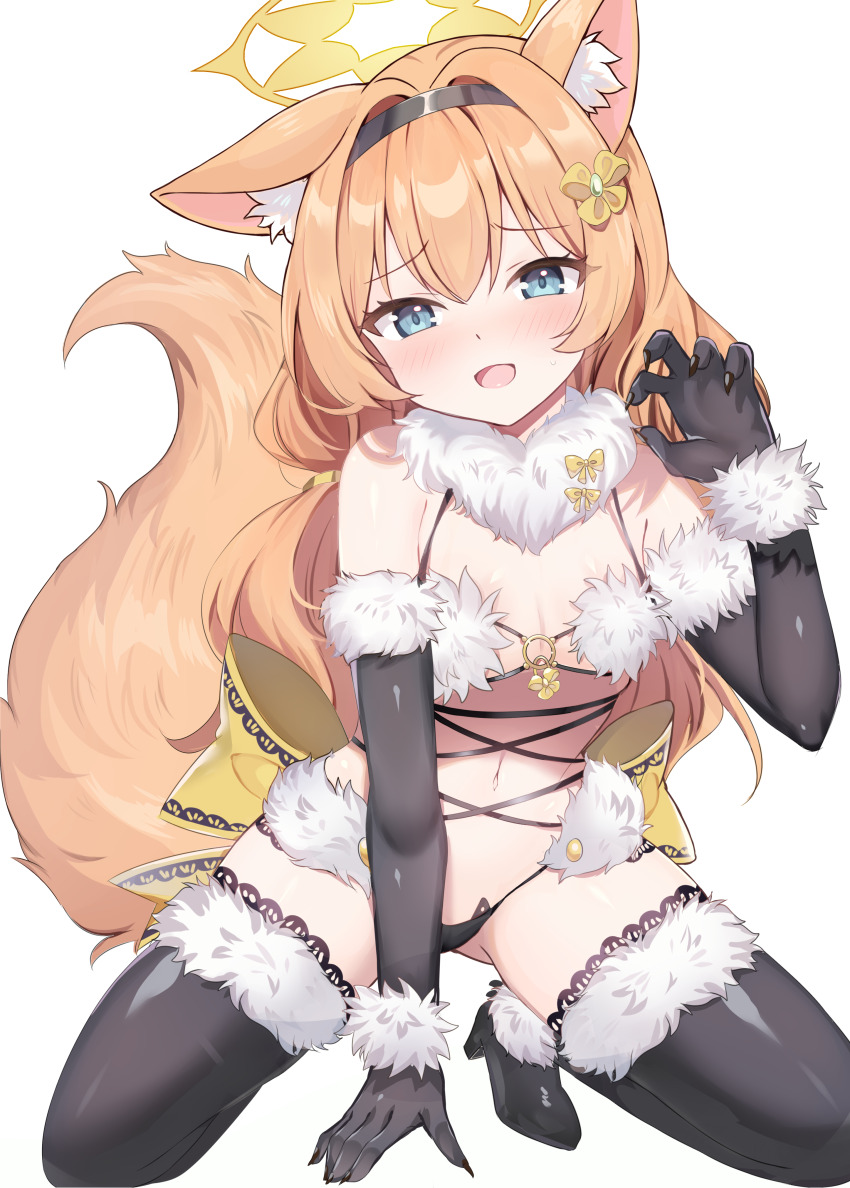 1girl, :d, absurdres, animal_ear_fluff, animal_ears, back_bow, bikini, black_gloves