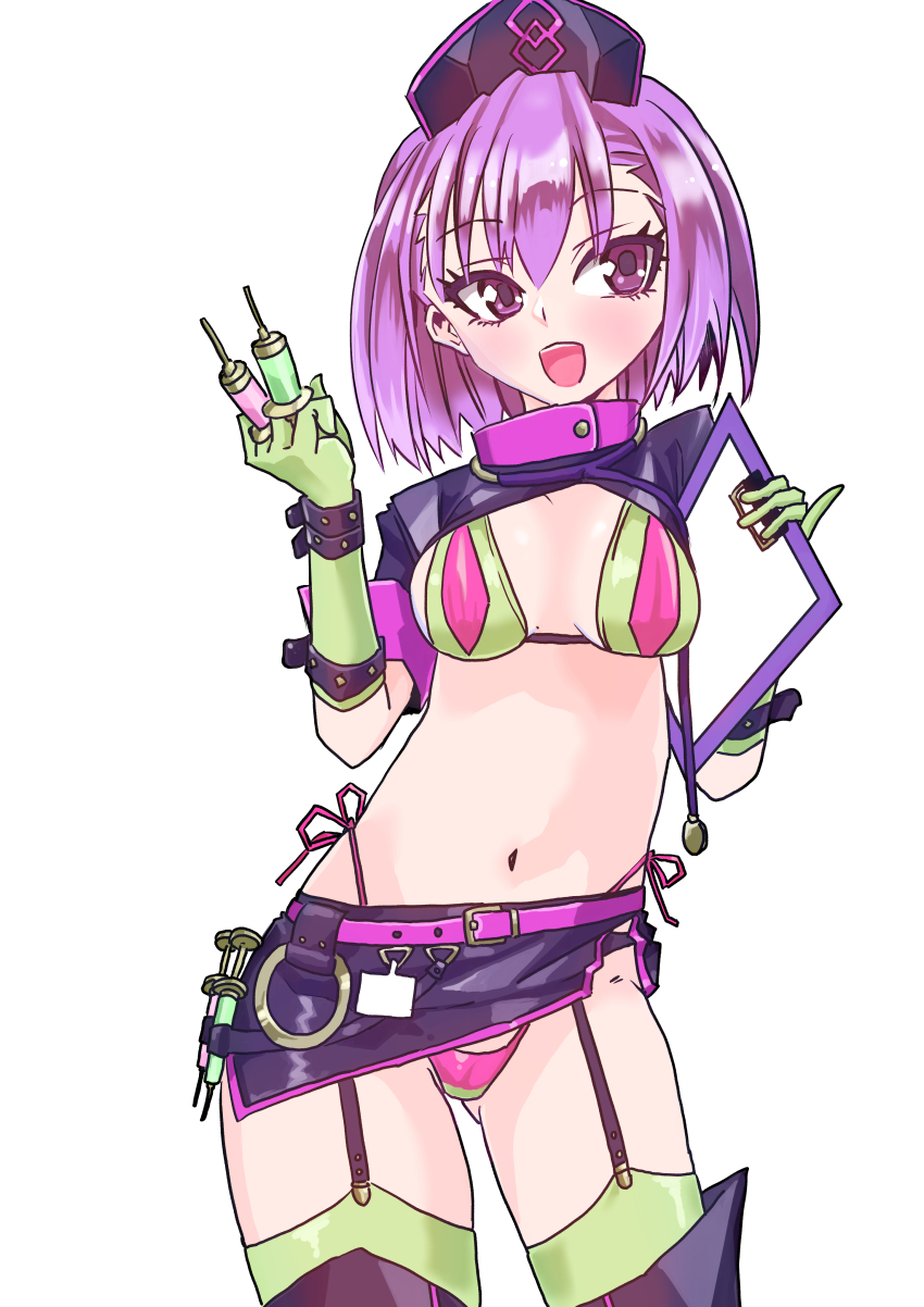 1girl, absurdres, belt, bikini, black_skirt, boots, breasts, cosplay, fate/grand_order, fate_(series), florence_nightingale_(fate), florence_nightingale_(trick_or_treatment)_(fate), florence_nightingale_(trick_or_treatment)_(fate)_(cosplay), gloves, green_bikini, green_gloves, green_thighhighs, hat, helena_blavatsky_(fate), highres, holding, holding_syringe, keiuta, layered_bikini, microskirt, navel, nurse_cap, pink_belt, purple_belt, purple_bikini, purple_eyes, purple_hair, revealing_clothes, rubber_gloves, short_hair, shrug_(clothing), skirt, small_breasts, solo, swimsuit, syringe, thigh_boots, thighhighs, thighhighs_under_boots