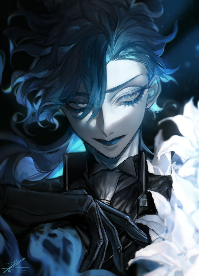 1boy, au_(d_elete), black_jacket, black_shirt, blue_hair, blue_lips, collared_shirt, flower
