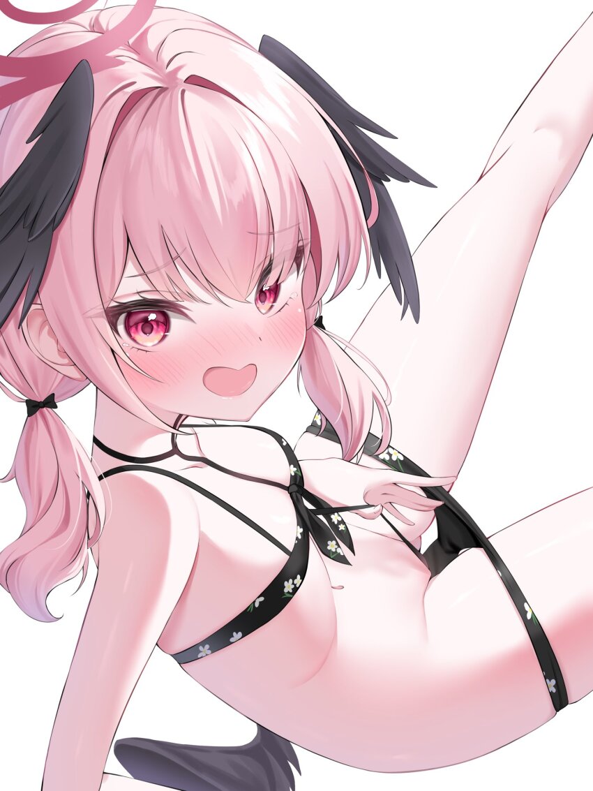 1girl, bikini, black_bikini, black_wings, blue_archive, blush, commentary, feathered_wings, floral_print, floral_print_bikini, halo, head_wings, highres, koharu_(blue_archive), koharu_(swimsuit)_(blue_archive), loli, looking_at_viewer, low_wings, pink_eyes, pink_hair, pink_halo, print_bikini, red_halo, simple_background, solo, swimsuit, tsurime, wavy_mouth, wfa5051, white_background, winged_halo, wings