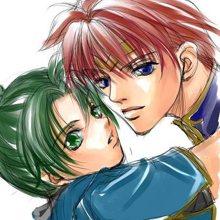 blue_eyes, couple, cross-empire, eliwood_(fire_emblem), fire_emblem, fire_emblem:_the_blazing_blade, green_eyes, green_hair, hug, imminent_kiss, lips, lowres, lyn_(fire_emblem), nintendo, red_hair, short_hair, tiara