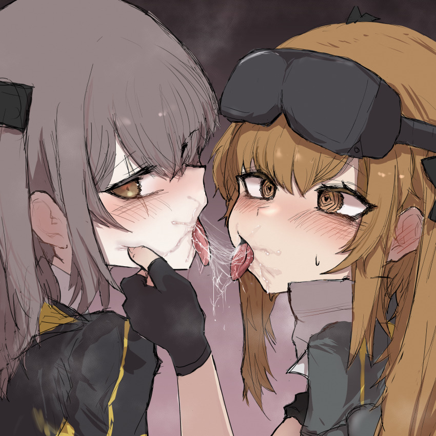 @_@, after_kiss, black_gloves, blush, brown_eyes, brown_hair, commentary_request, cum, cum_string, fingerless_gloves, girls'_frontline, gloves, goggles, goggles_on_head, gradient_background, hand_on_another's_chin, highres, korean_commentary, kyomu_123, long_hair, looking_at_viewer, saliva, saliva_trail, scar, scar_across_eye, scar_on_face, simple_background, tongue, tongue_out, ump45_(girls'_frontline), ump45_(mod3)_(girls'_frontline), ump9_(girls'_frontline), ump9_(mod3)_(girls'_frontline), yuri