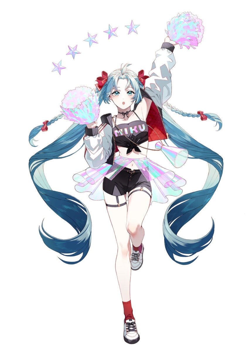 1girl, alternate_costume, alternate_hairstyle, ankle_socks, aqua_eyes, aqua_hair, arm_up, armpits, asymmetrical_hair, bangs_pinned_back, bare_legs, belt, black_belt, black_garter_straps, black_shorts, black_tank_top, braid, breasts, character_name, choker, clothes_writing, collarbone, contrapposto, dot_nose, full_body, garter_straps, hair_ribbon, hair_tie, hand_up, hatsune_miku, high_twin_braids, highres, holding, holding_pom_poms, horizontal-striped_ribbon, iridescent, jacket, knee_up, letterman_jacket, light_blush, medium_breasts, megaphone, midriff, narrow_waist, navel, open_clothes, open_jacket, padded_jacket, pale_skin, parted_bangs, parted_lips, pom_pom_(cheerleading), pom_poms, red_ribbon, red_socks, revealing_clothes, ribbon, ribbon_choker, shirt, shoes, shorts, simple_background, single_horizontal_stripe, sneakers, socks, solo, spaghetti_strap, standing, standing_on_one_leg, star_(symbol), tank_top, thigh_gap, thigh_strap, tied_shirt, tied_tank_top, triple_vertical_stripe, twin_braids, twintails, two-sided_fabric, two-sided_jacket, uryoko, vocaloid, waist_cape, white_background, white_jacket, white_shoes