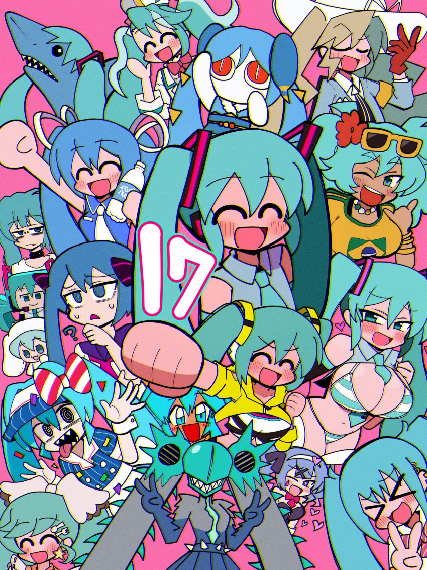 >_<, 1girl, ?, @_@, absurdres, aimaina, alternate_breast_size_(larger), aqua_hair