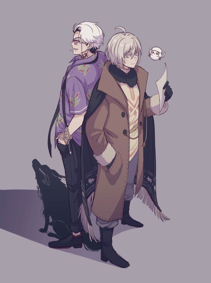 2boys, 39999m, ahoge, back-to-back, bird, black_footwear, black_gloves, black_necktie