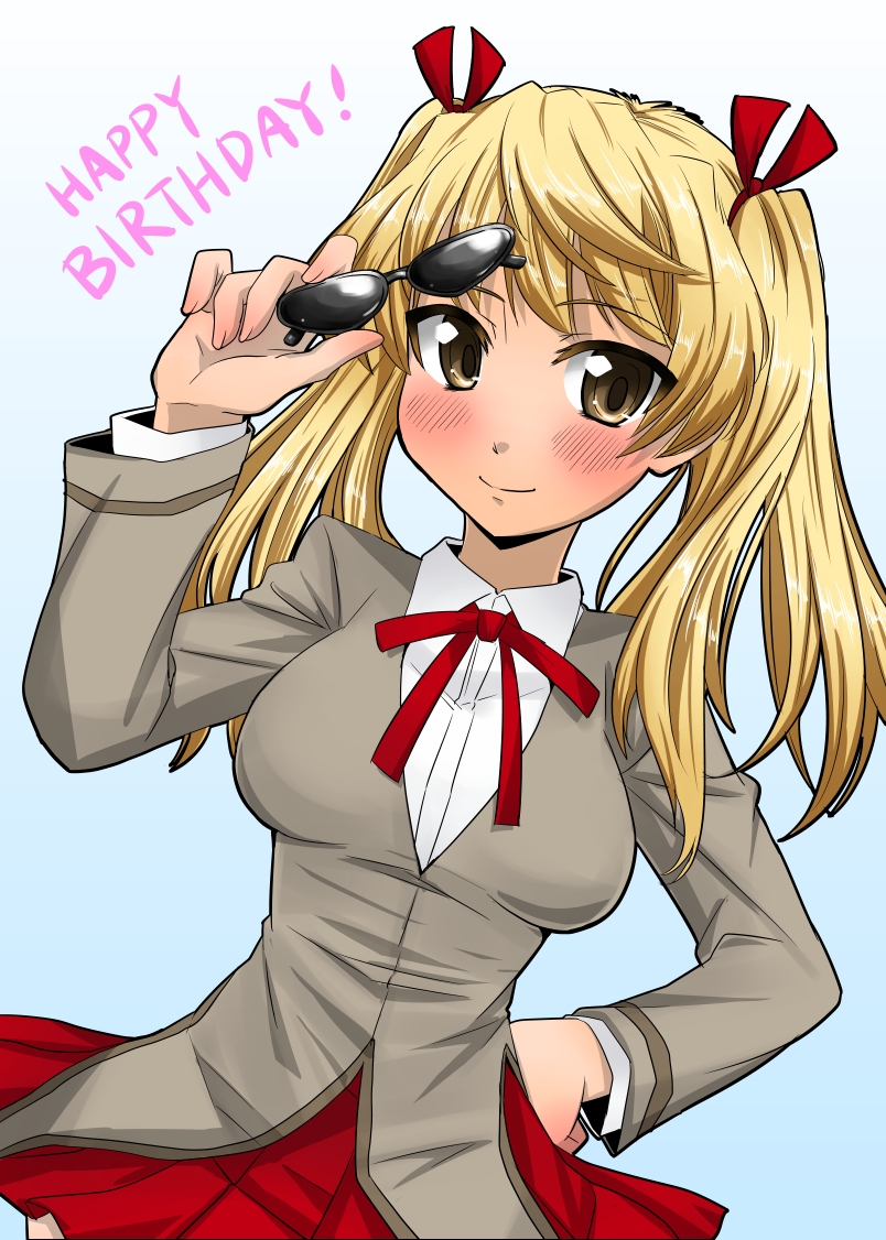 00s, 1girl, blonde_hair, brown_eyes, female_focus, hand_on_own_hip, happy_birthday, long_hair