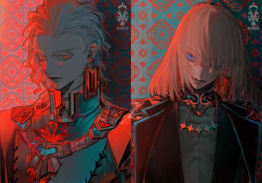 2boys, au_(d_elete), blue_eyes, closed_mouth, commentary, earrings, edmond_dantes_(artificial_rondo)_(fate), edmond_dantes_(fate)