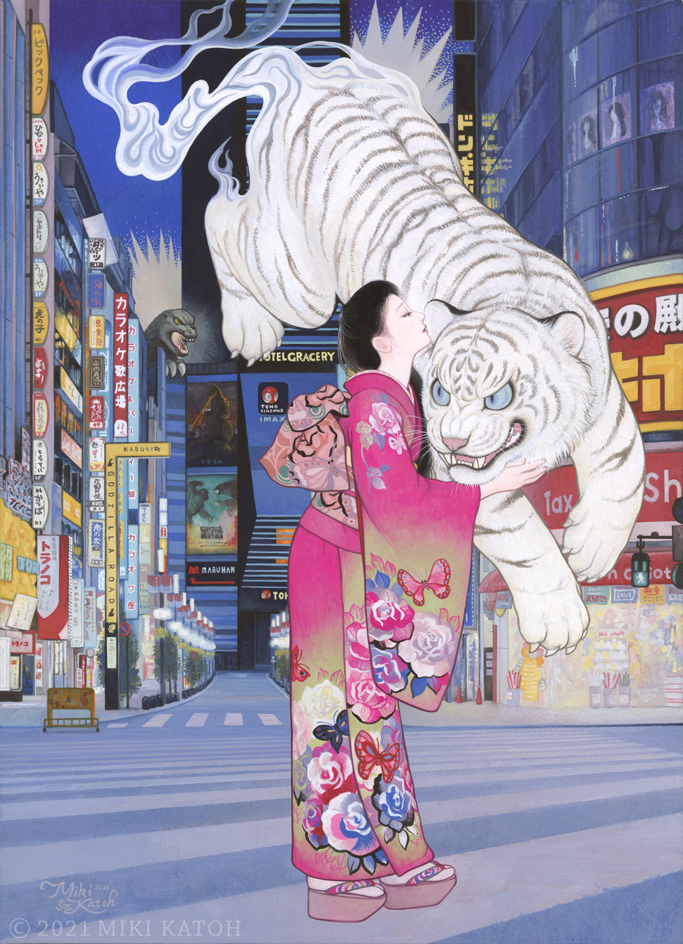 1girl, 2021, black_eyes, black_hair, city, copyright_request, crossover, flying, godzilla, godzilla_(1954_movie), godzilla_(series), godzilla_vs._kong, highres, japanese_clothes, kimono, king_kong, king_kong_(series), king_kong_vs._godzilla, legendary_pictures, miki_katoh_(hinamokuren), monsterverse, open_mouth, pink_kimono, road, standing, street, tiger, toho, white_tiger