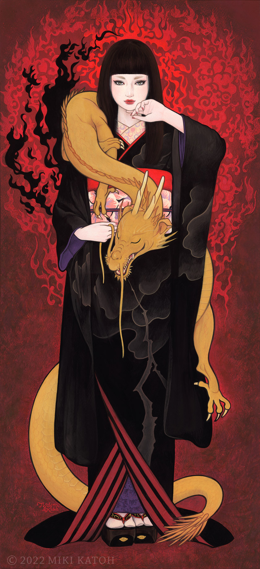 1girl, 2022, black_hair, black_kimono, closed_eyes, closed_mouth, dragon, green_eyes