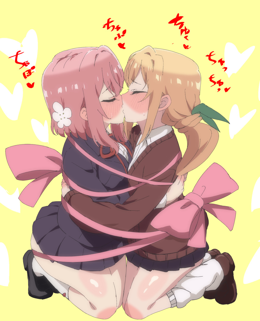 2girls, asymmetrical_docking, black_footwear, blazer, blonde_hair, blush, bound_together, breast_press