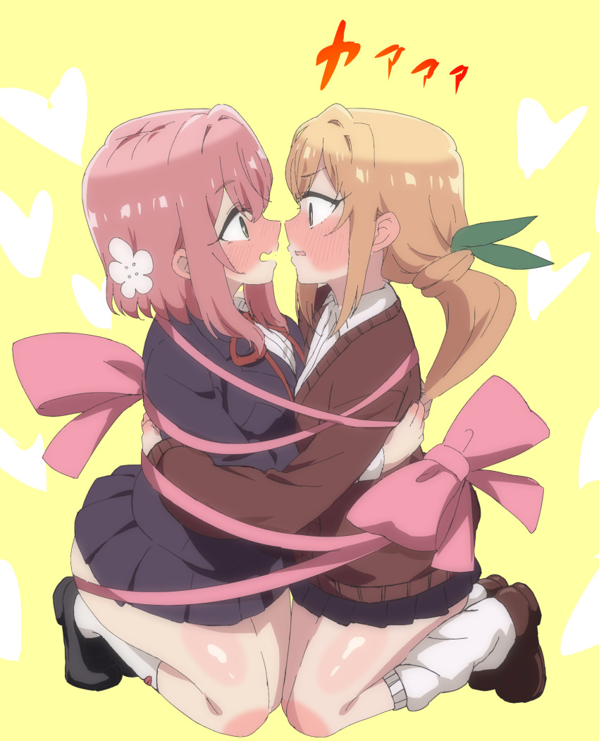2girls, asymmetrical_docking, black_footwear, blazer, blonde_hair, blush, bound_together, breast_press