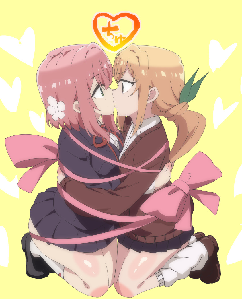 2girls, asymmetrical_docking, black_footwear, blazer, blonde_hair, bound_together, breast_press, brown_cardigan