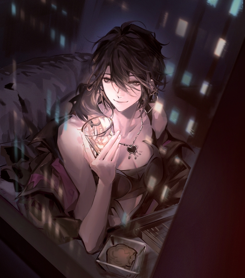 1girl, arm_out_of_sleeve, bare_arms, bare_shoulders, black_hair, black_jacket, black_tank_top, bowl